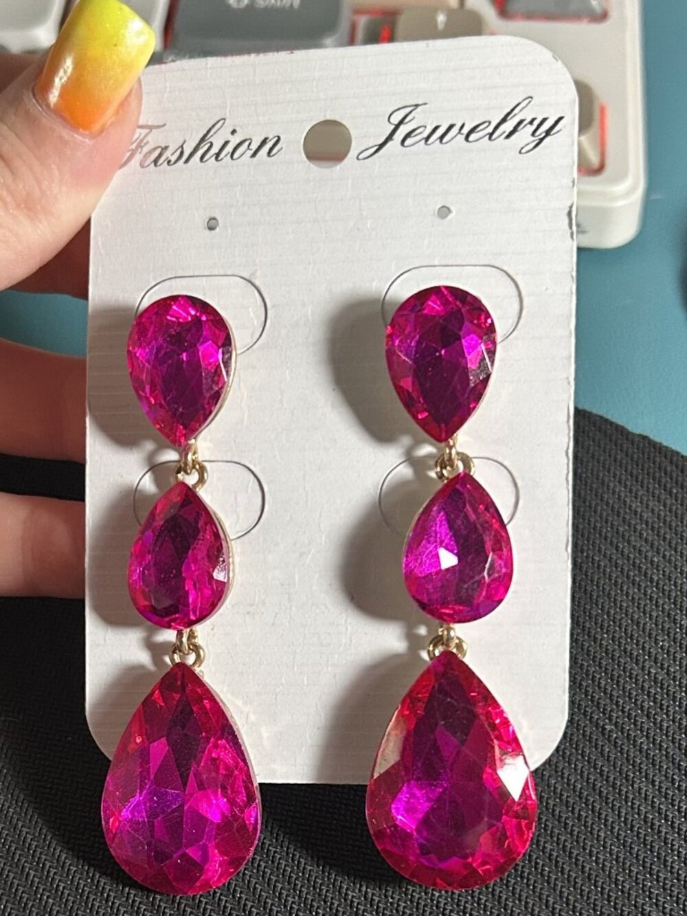 Hot Pink Fuchsia Rhinestone Tiered Teardrop Dangle Earrings NWT